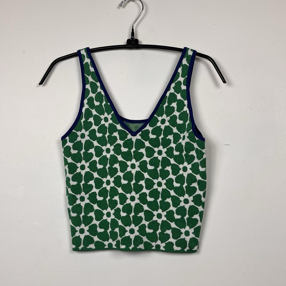 J Crew Floral Jacquard Sweater Tank Top XS Green Retro Preppy Cropped Knit